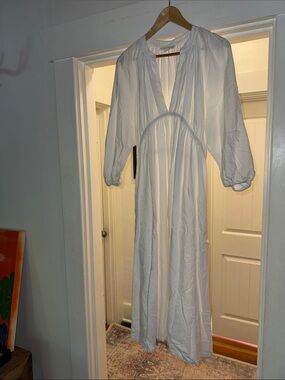 Treasure & Bond White Maxi Dress with Deep V and Bishop Sleeves